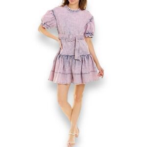Tanya Taylor‎ Dress WMNS 0 Pink Alissa Mini Denim Cotton Belted Retro Acid Wash